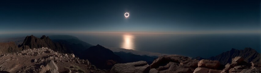 Fototapeta premium Stunning 360 degrees hdr panorama of solar eclipse over ocean mountain view night skies