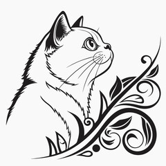 Obraz premium Elegant cat illustration with swirling floral elements looking up