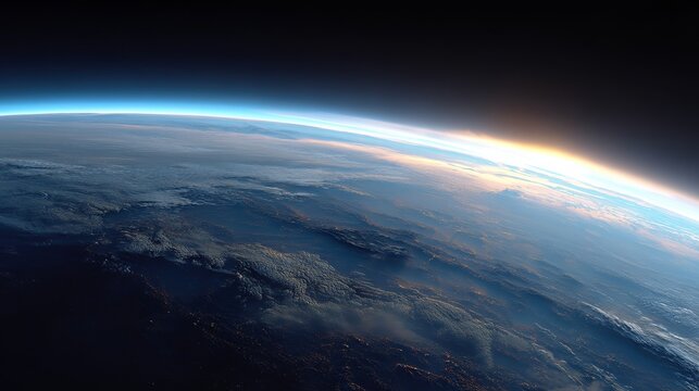 Stunning view from space showcasing Earth's atmosphere, sunrise, and cloud formations revealing cosmic beauty and global perspective.