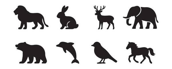 Naklejka premium Animal Silhouette Icons Set. Black Wildlife Illustrations for Nature, Zoo, and Safari Designs