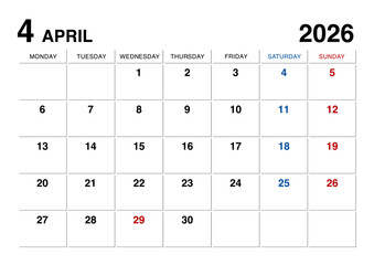 2026年4月のカレンダー月曜始まり