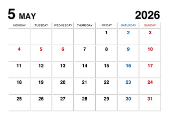 2026年5月のカレンダー月曜始まり