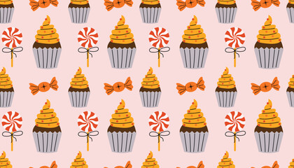 Cute Halloween seamless pattern with twisted lollipops, candies and cakes on pastel pink background.