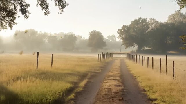 Misty ranch landscape with golden sunlight filtering through falling leaves during peaceful autumn morning, illuminating tranquil countryside scenery