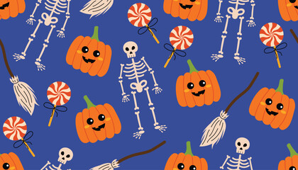 Cute Halloween seamless pattern with twisted lollipops, carved pumpkins, witch brooms and skeletons.