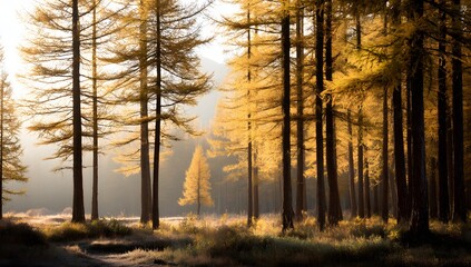 A breathtaking and mystical forest of golden larch trees in autumn, enveloped in soft mist and warm morning light