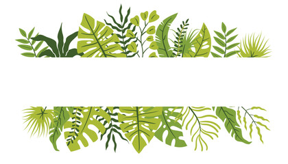 Horizontal poster with tropical leaf border in flat cartoon style.