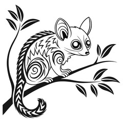 A stylized bushbaby sits on a tree branch