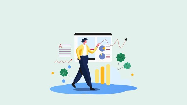Business Analyst Presenting Digital Metrics is a flat character explainer scene perfect for startup videos, business presentations, or UI/UX concept animations.