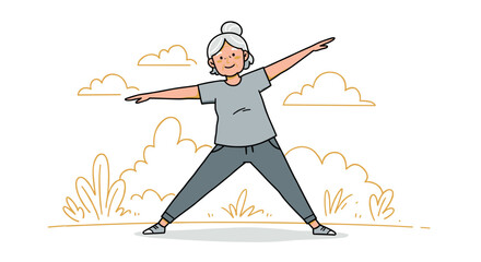 Elderly woman practicing yoga outdoors in a serene environment  