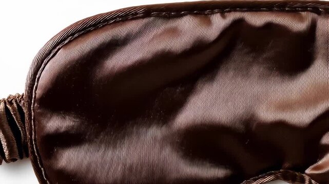 Soft brown sleeping mask gently spinning against pristine white surface, highlighting comfort and relaxation essentials