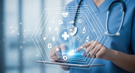 Revolutionizing Healthcare: Doctor Using Tablet with Medical Icons, Seamless Integration of Technology in Modern Medicine: A Doctor's Digital Diagnostic Approach