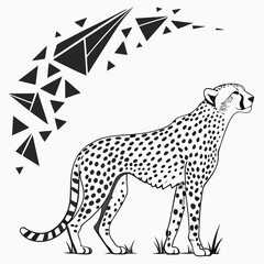 A cheetah with geometric patterns, sitting in grass, black and white