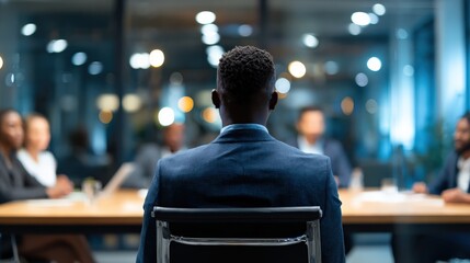 A person in a suit sits at a conference table facing a group, likely during a business meeting or interview in a modern office setting.