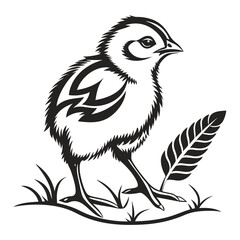 A black and white illustration of a cute chick standing in grass