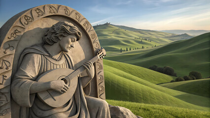 Obraz premium Stone statue of a musician with a lute against a backdrop of rolling green hills and a blue sky