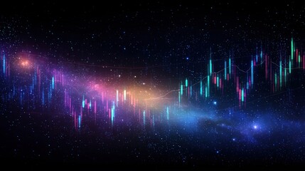 A colorful financial candlestick chart overlaid on a cosmic starry background, blending stock market data with a galaxy-inspired theme.
