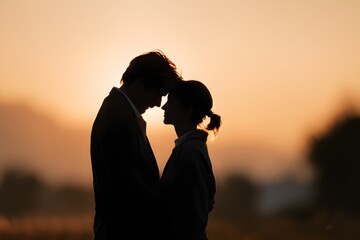 Silhouette of a loving couple embracing at sunset, bathed in golden light, symbolizing romance, intimacy, and beautiful moments together