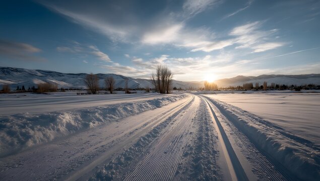 Wide-angle photograph of cross-country ski tracks leading into a snowy landscape with mountains in the background and a bright sun