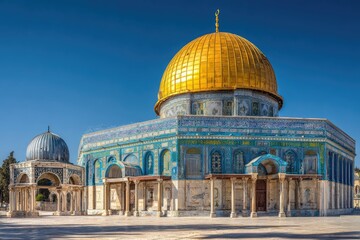 Naklejka premium A golden-domed Islamic shrine, ornate blue and white tilework, stands majestically under a clear blue sky. Smaller, similarly styled structures are visible nearby