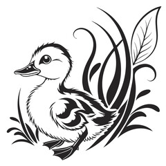 A duckling with ornate patterns stands near tall grass