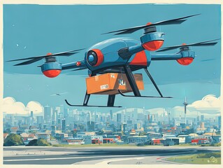 modern drone delivery: iconic logistics in urban transport - a flat minimal vector poster perfect for your contemporary office or sports-inspired interior!
