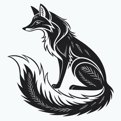 Sitting stylized black fox with ornate feather accents
