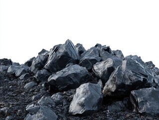 Dramatic Pile of Dark Rocks Against White Background.