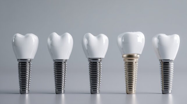 Dental implants showcasing modern dentistry technology, with one golden option and grey backdrop, perfect for medical information.