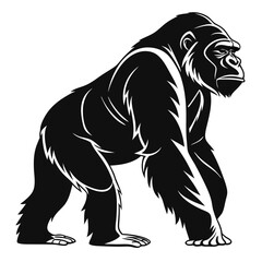 A gorilla standing on grass, black and white illustration