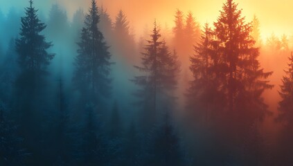 Naklejka premium Misty forest landscape with silhouetted pine trees against a soft, golden sunrise, creating a serene and ethereal atmosphere in nature