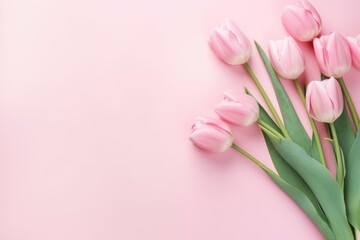 Pink tulips arranged on a pink backdrop create a delicate and romantic visual