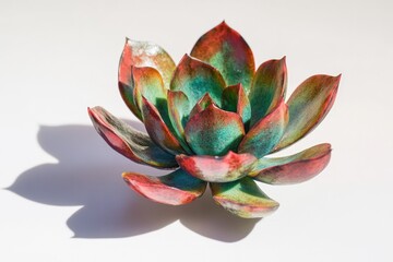 A vibrant succulent with red, green, and teal leaves, showcasing its unique color variations.