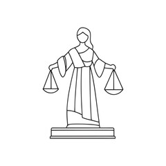 Lady Justice with scales in black line front view for legal icons, court visuals, law firm branding or justice concepts on transparent background.