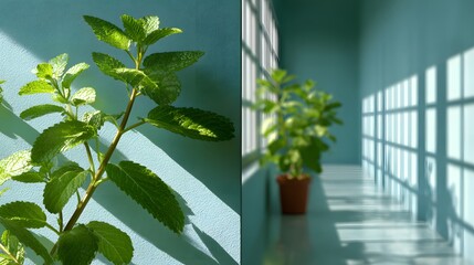Vibrant Green Plant in Sunlit Room with Soft Shadows and Calm Blue Walls