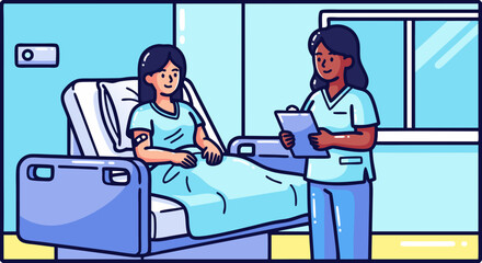 Nurse consulting with patient in hospital bed, doctor reviews patient chart in hospital room. Doctor consulting with patient includes reviewing medical history, providing care,