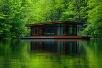 Obraz premium Modern lake house nestled amongst lush green forest, tranquil serene setting.