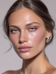 Naklejka premium Beautiful woman with perfect skin and professional makeup posing in beauty portrait