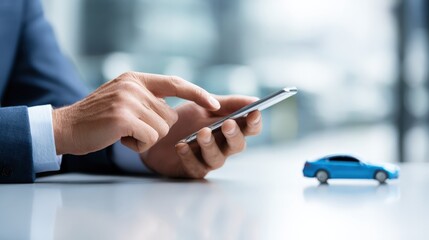 A person in business attire uses a smartphone, with a small blue toy car blurred in the background on a reflective surface.