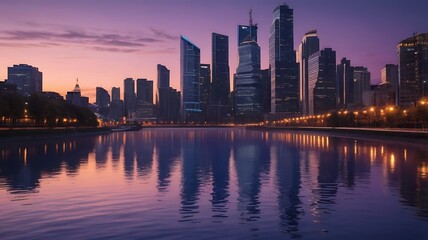 Fototapeta premium Vibrant city skyline at dusk with illuminated skyscrapers reflecting in river water, urban architecture with purple and blue twilight sky