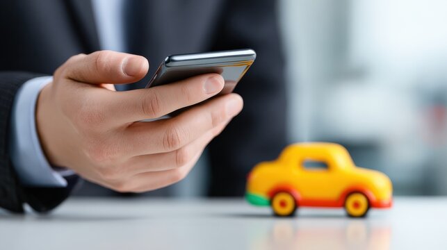 A businessman in a suit holding a smartphone with a small yellow toy car on the table, symbolizing mobile technology in car services or sales. - Powered by Adobe