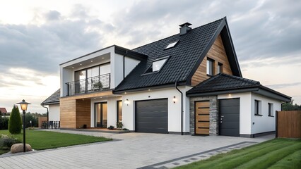 Modern Suburban House with Sloped Black Tiled Roof and Stylish Garage at Sunset