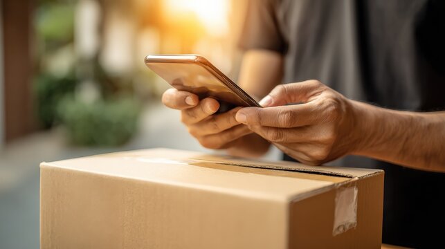 Person using a smartphone to scan or check details on a cardboard box, likely related to delivery or inventory management.