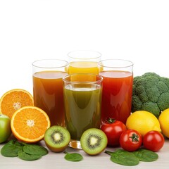 Four Glasses of Fresh Fruit and Vegetable Juices with Ingredients