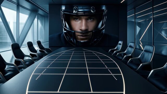  Futuristic coaching room with American football player on screen in sleek boardroom. Concept of strategy, leadership, team training, sports business, analytics, performance coaching. - Powered by Adobe