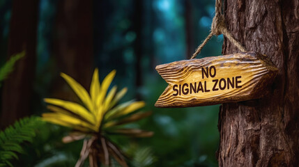 Digital Detox camping, Wood carved sign indicating No Signal Zone, inviting peaceful unplugged experience in nature