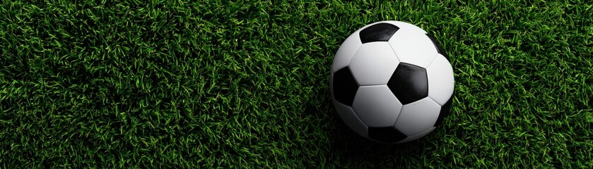 Obraz premium A classic black and white soccer ball rests on vibrant green artificial turf under bright lighting.