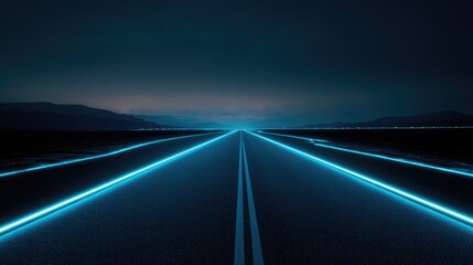 Fototapeta premium Empty highway at night, illuminated by vibrant blue neon lines