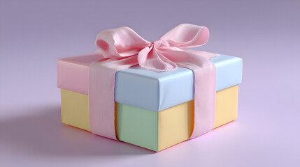 Fototapeta premium Pastel gift box with pink ribbon bow on lavender background, symbolizing celebration, surprise, and festive occasions.
