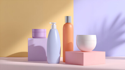 Minimalist pastel skincare products arranged on geometric platforms, set against soft purple and yellow backgrounds with gentle natural light.